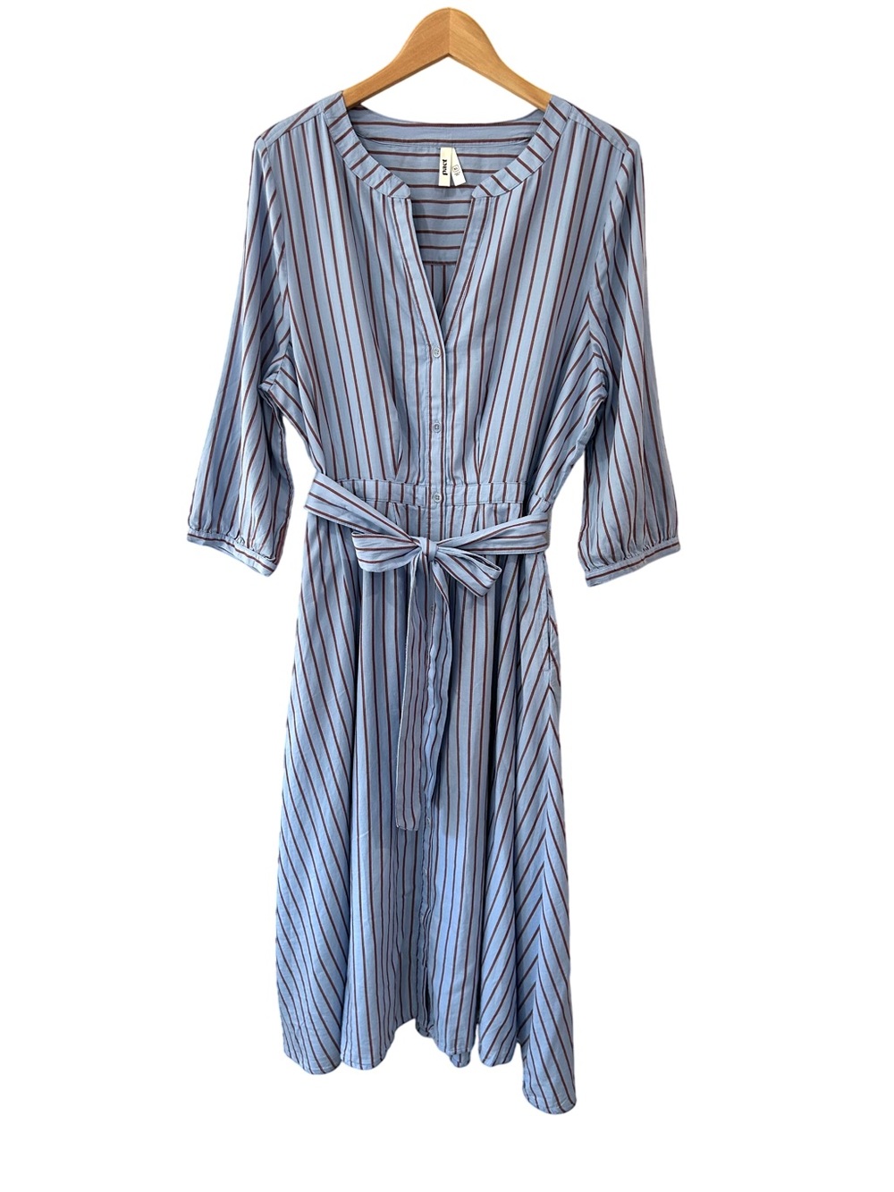 Pact Sunset Easy Dress XL blue brown Del Mar Stripe cotton button NWOT